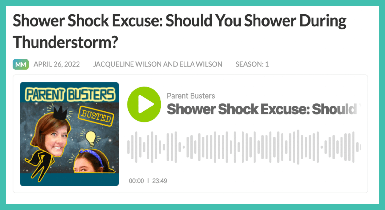 Bath During Storms Shower Shock Podcast Episode with Parent Busters podcasts artwork and title of podcast